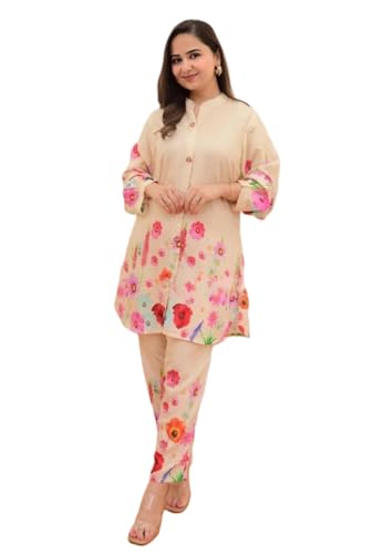 GRECIILOOKS Women's Rayon Floral Regular Fit Coord Set (GL-W1817_Cream_M)