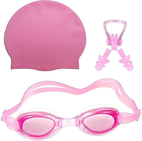 ArrowMax 100% Silicone anti fog swimming goggles,cap,earplug & noseplug set- Ideal for all age group | silicone non slip | easy to carry and skin friendly (PINK) - Gymom Wellness Warehouse 