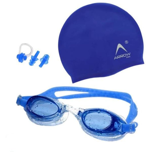 ArrowMax 100% Silicone Anti Fog Swimming Goggles,Cap,Earplug & Noseplug Set- Ideal for All Age Group | Silicone Non Slip | Easy to Carry and Skin Friendly- by Arrowmax (Blue) - Gymom Wellness Warehouse 