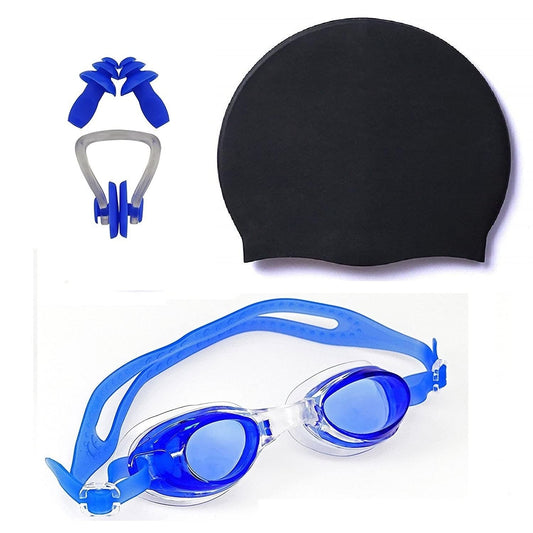 ArrowMax 100% Silicone anti fog swimming kit of goggles,cap,earplug & noseplug set- Ideal for all age group | silicone non slip | easy to carry and skin friendly (BLACK/BLUE) - Gymom Wellness Warehouse 