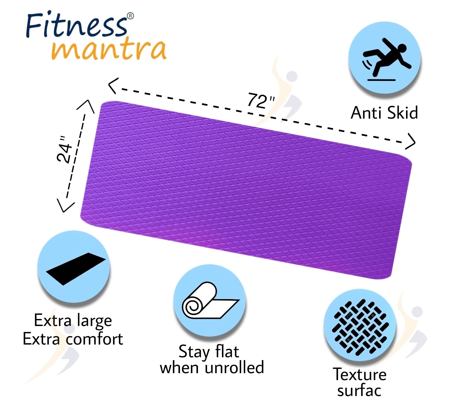 Fitness Mantra® Yoga Mat for Gym Workout and Yoga Exercise with 4mm Thickness, Anti-Slip Yoga Mat for Men & Women Fitness (Qnty.-1 Pcs.) (Purple)(4mm) - Gymom Wellness Warehouse 